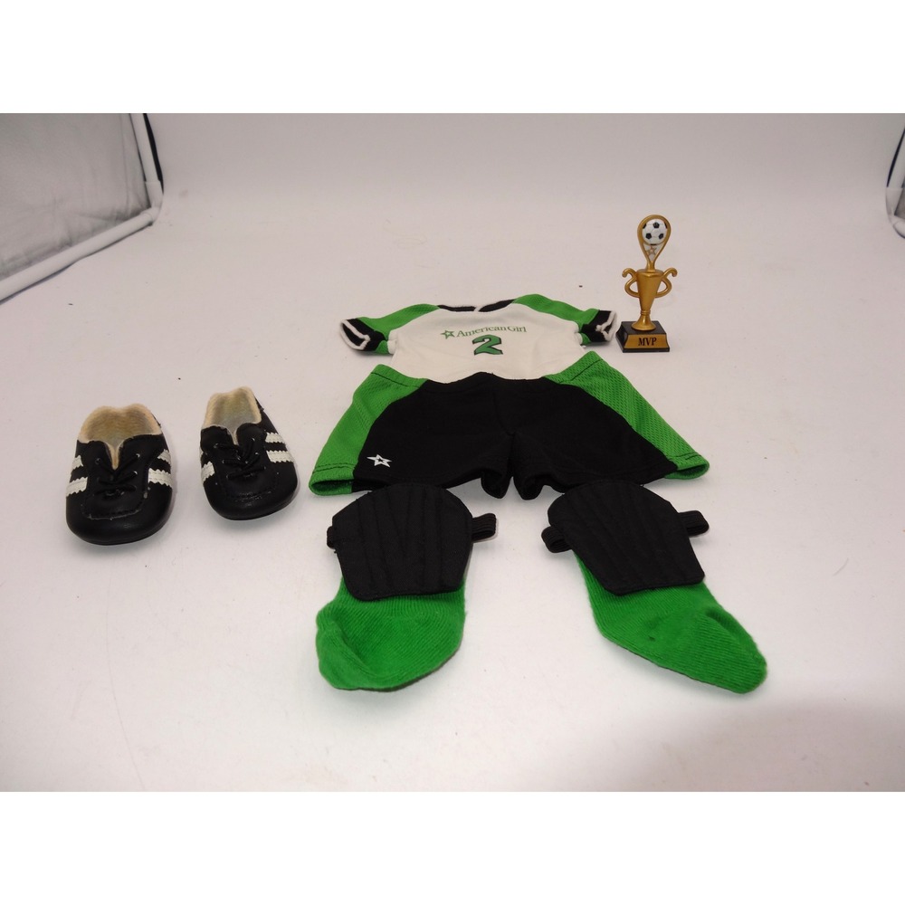 American Girl Soccer Outfit Green White Jersey Shorts Cleats Shin Guards Trophy